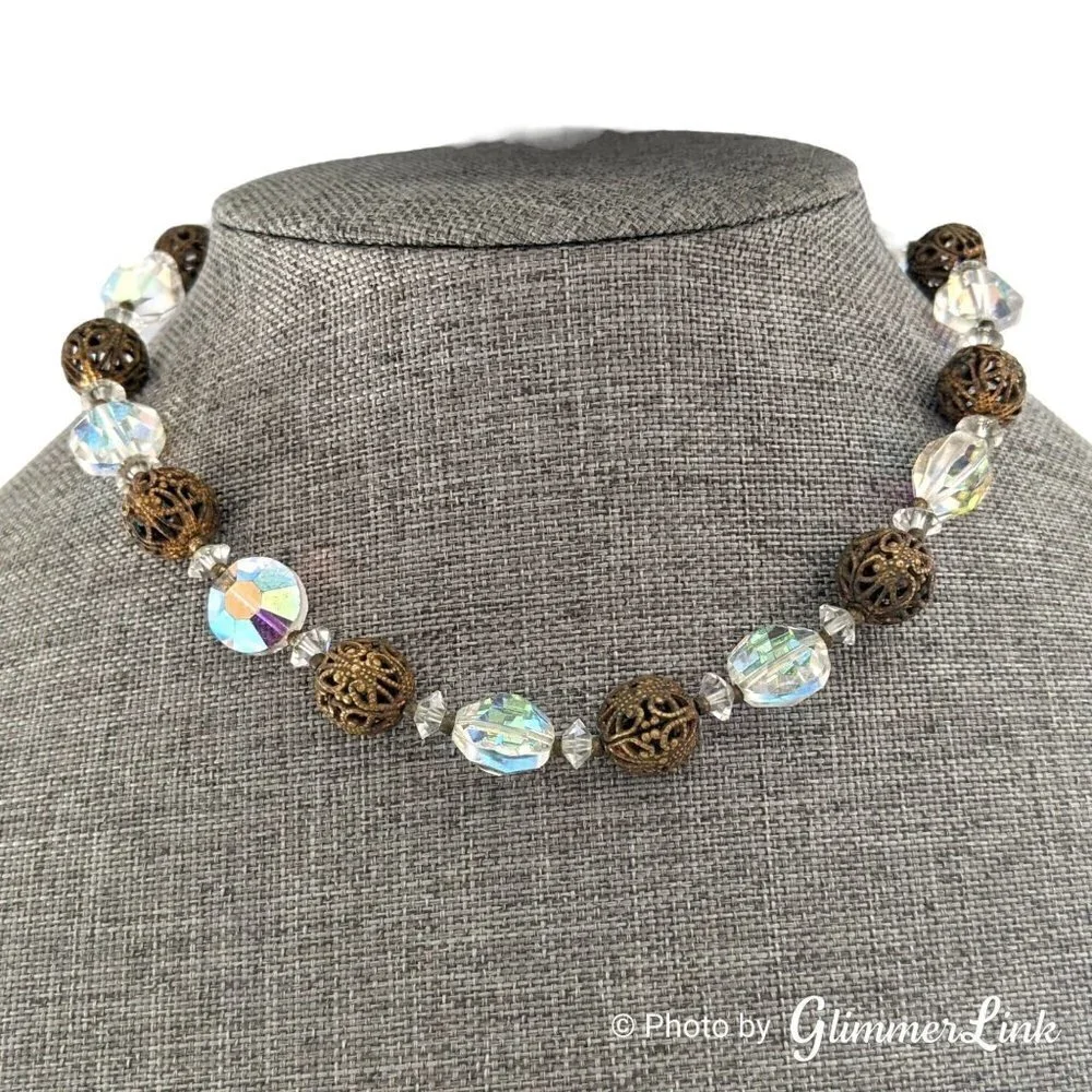 Vintage 1960s Lisner Aurora Borealis Filigree Beads Choker Necklace